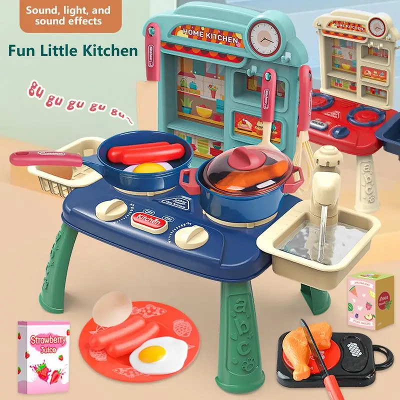 

27PCS Kids Mini Kitchen Playset Toys With Light Sound Running Water Role Playing Game Pretend Cooking Simulated Cookware Playset