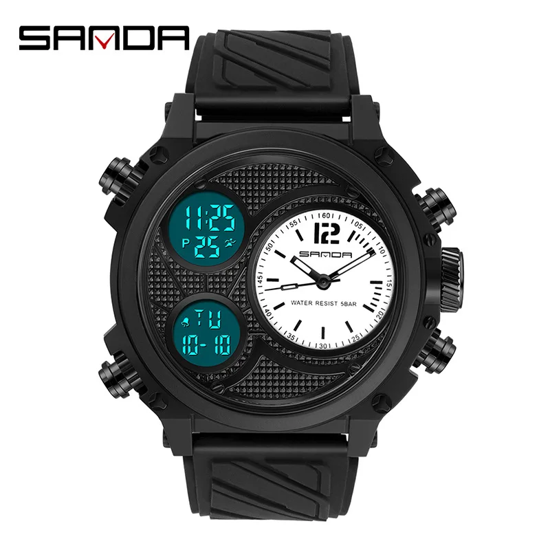 

SANDA New Sports Watch Male Outdoor Luminous Waterproof GMT Dual Time Display Chronograph Week Calendar Electronic Watches