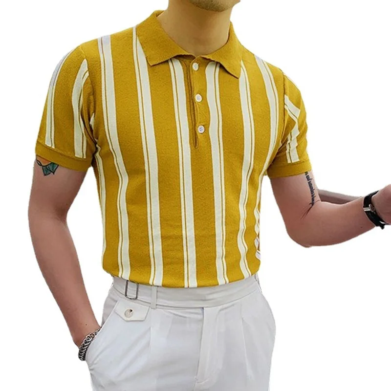 

2022 Summer Men Slim Striped Sweater Yellow Thin T-shirt Men's Business Polo Tshirt Fashion