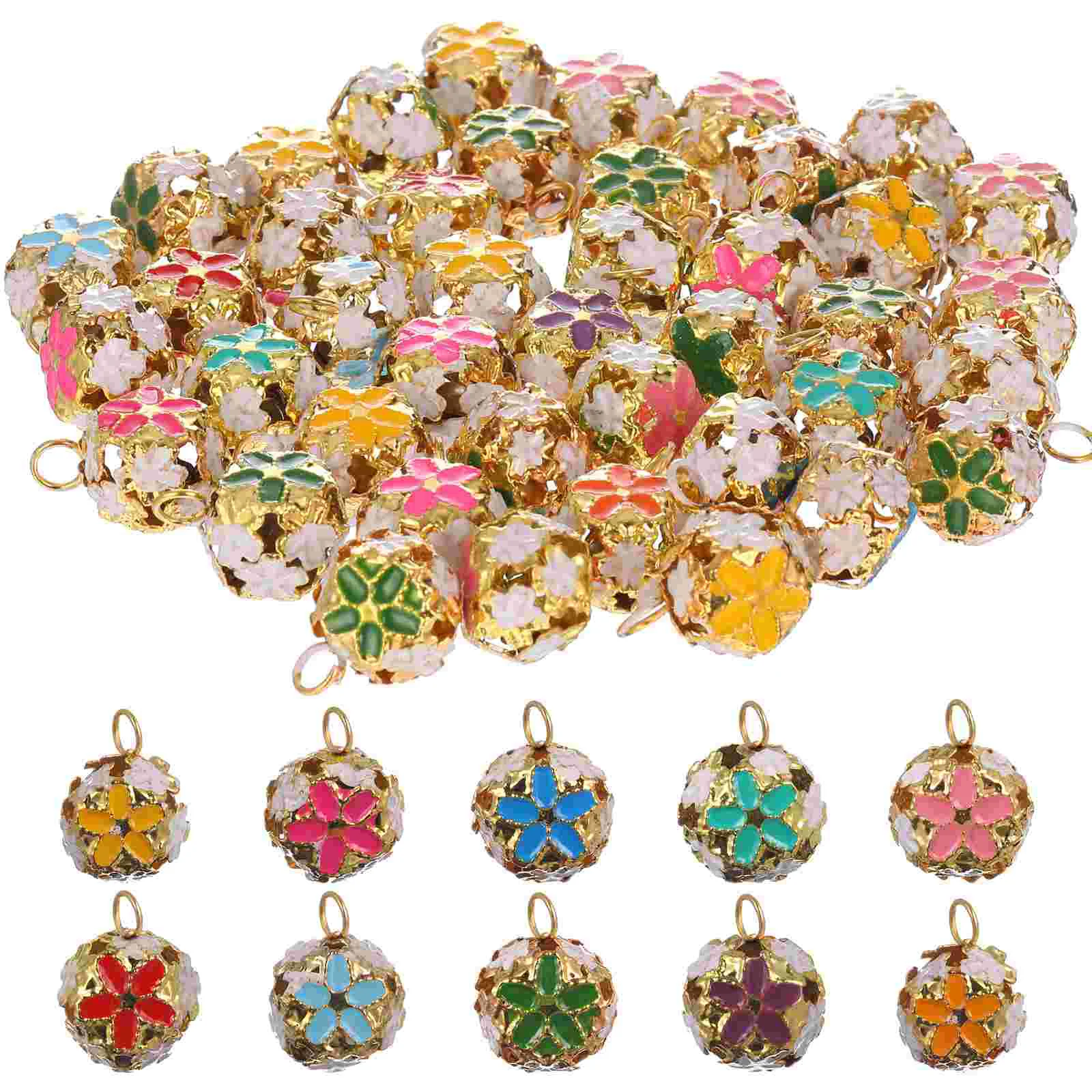 

50pcs Craft Bell Charms Colorful Bell DIY Wrought Flower Bells Xmas Bell Ornament Holiday Christmas Decoration Jewelry Making