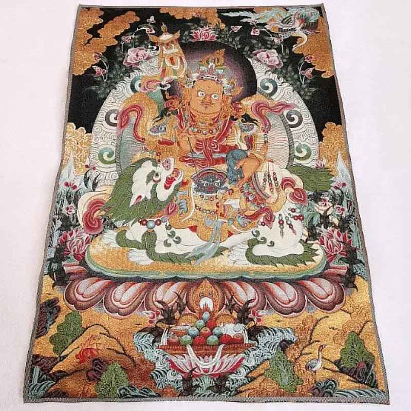 

36" Tibet Buddhism Silk Cloth Vaishravana Buddha On Lion Thangka Painting Mural