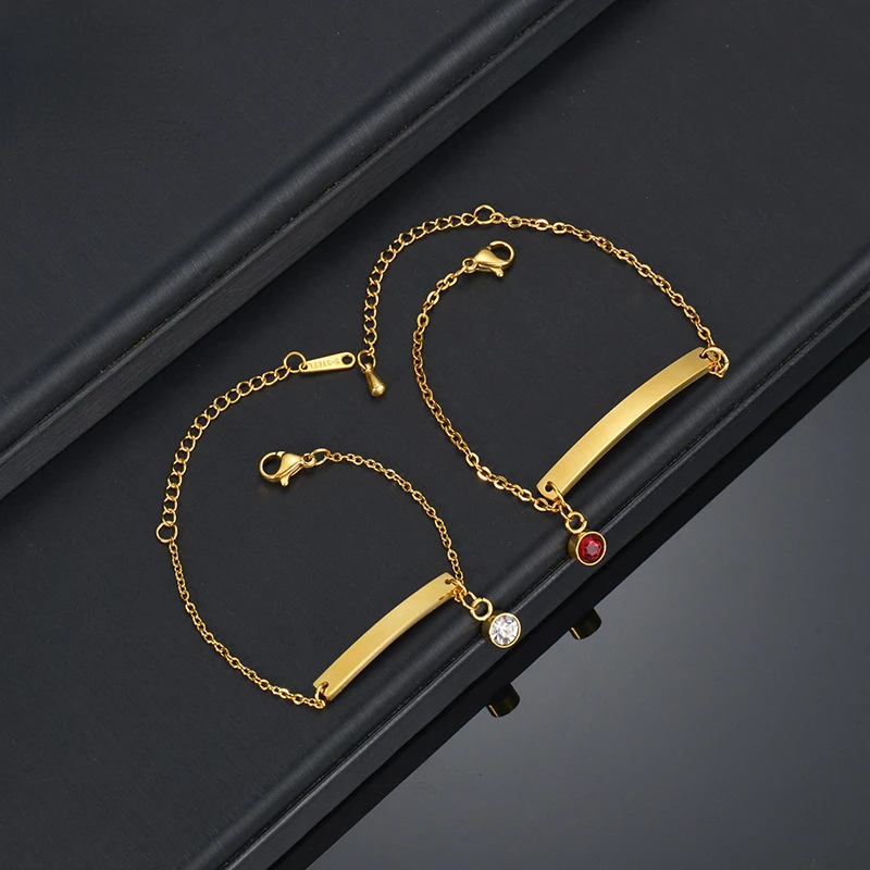 Custom Stainless Steel Titanium  Smooth Curved Zircon Hand Chain Pendant DIY Child Birthstone Bracelet for Boy and Girl