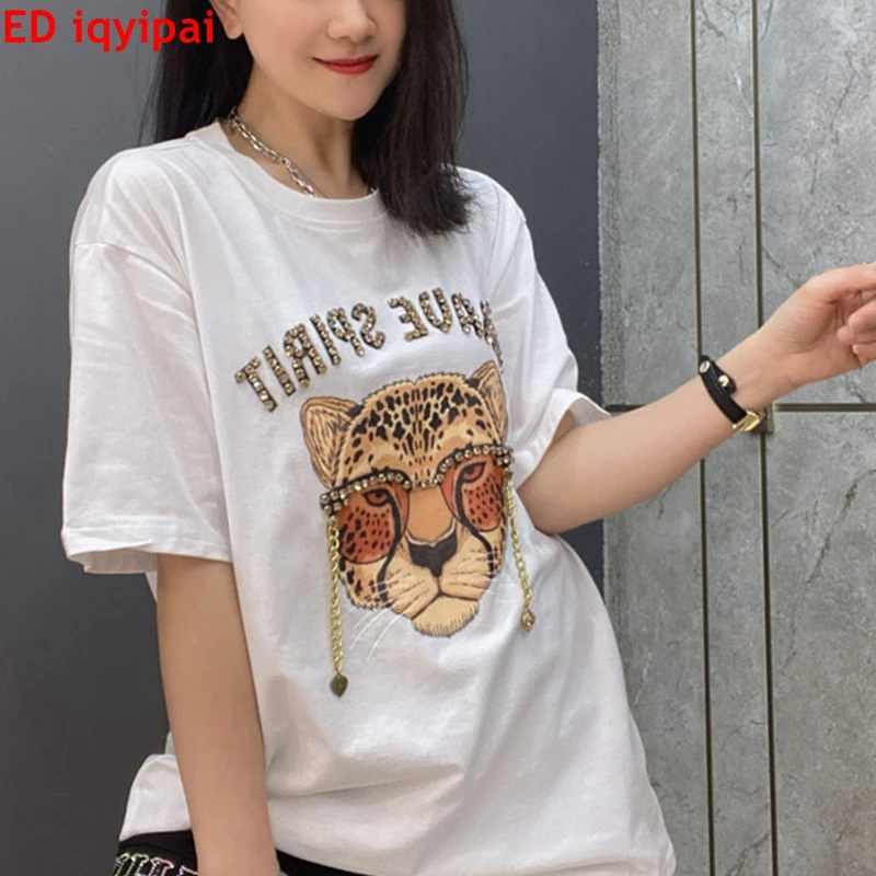 

ED iqyipai Summer Women T Shirt Leopard Head Letters with Diamonds Loose Tees Women Tops Plus Fashion T-Shirt