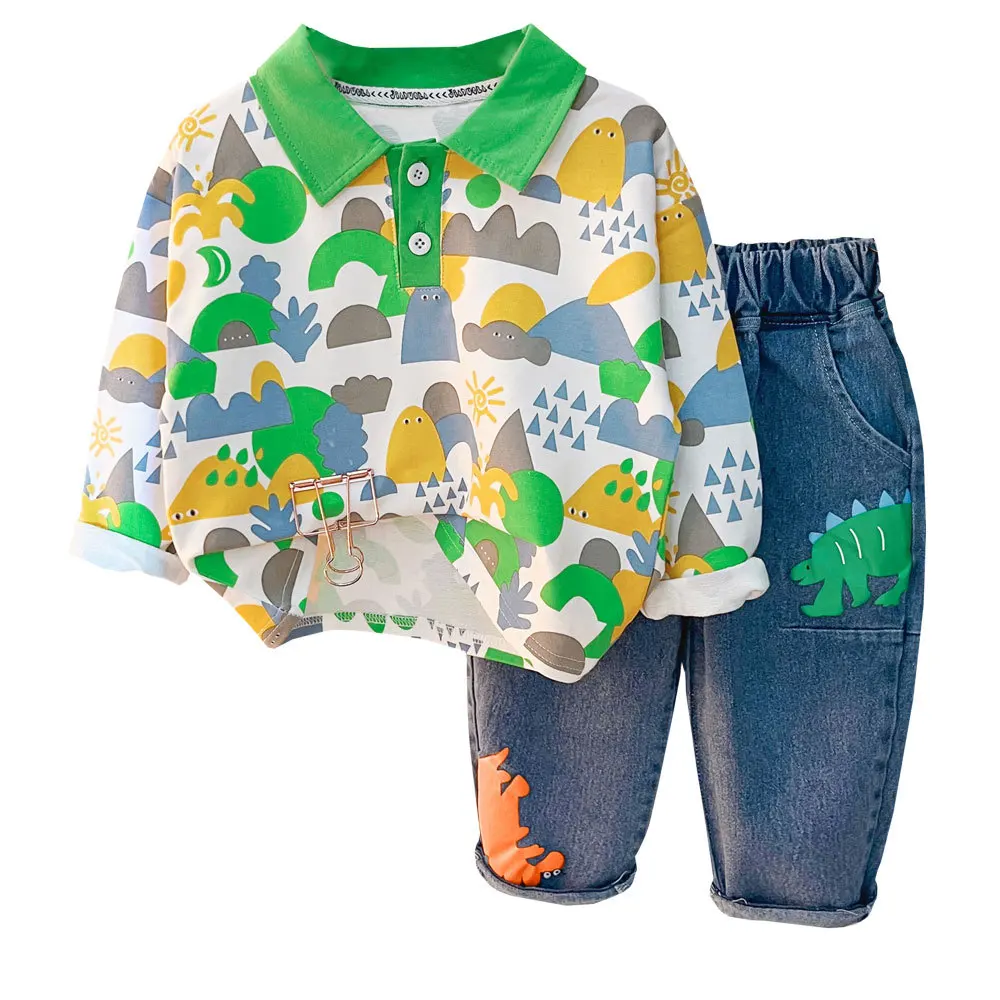 

Newborn Set Baby Boy Lapel Tops+Jeans Trousers Two-Piece Children Suit Infant Custom Autumn Long Sleeve Toddler Clothes Outfit