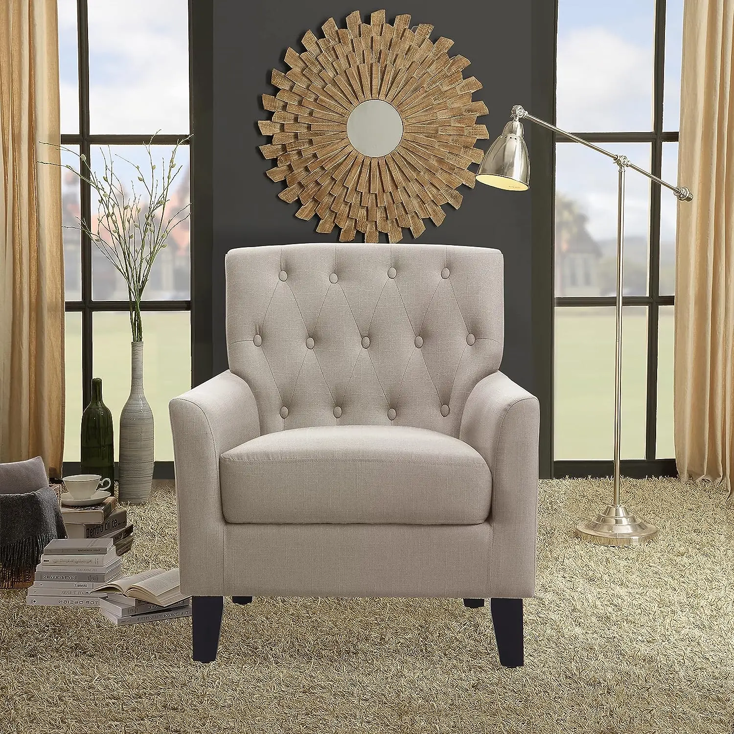 

Living Room Modern Arm Chair,Fabric Upholstered Tufted Comfy Seat Small Accent Lounge for Bedroom, Standard, Beige
