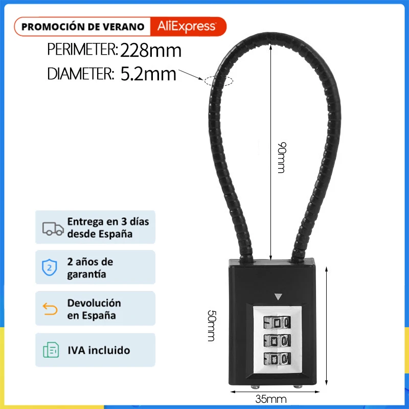 

Durable Classic Helmet Lock Chain 3 Digit Password Combination Portable Bike Motorcycle Anti-theft Cable Lock Stitch Motor Part