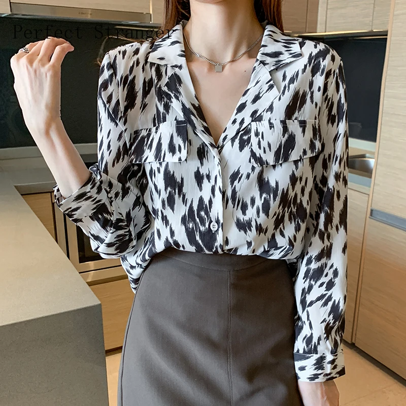 

Женская шифоновая блузка с длинным рукавом, с леопардовым принтом