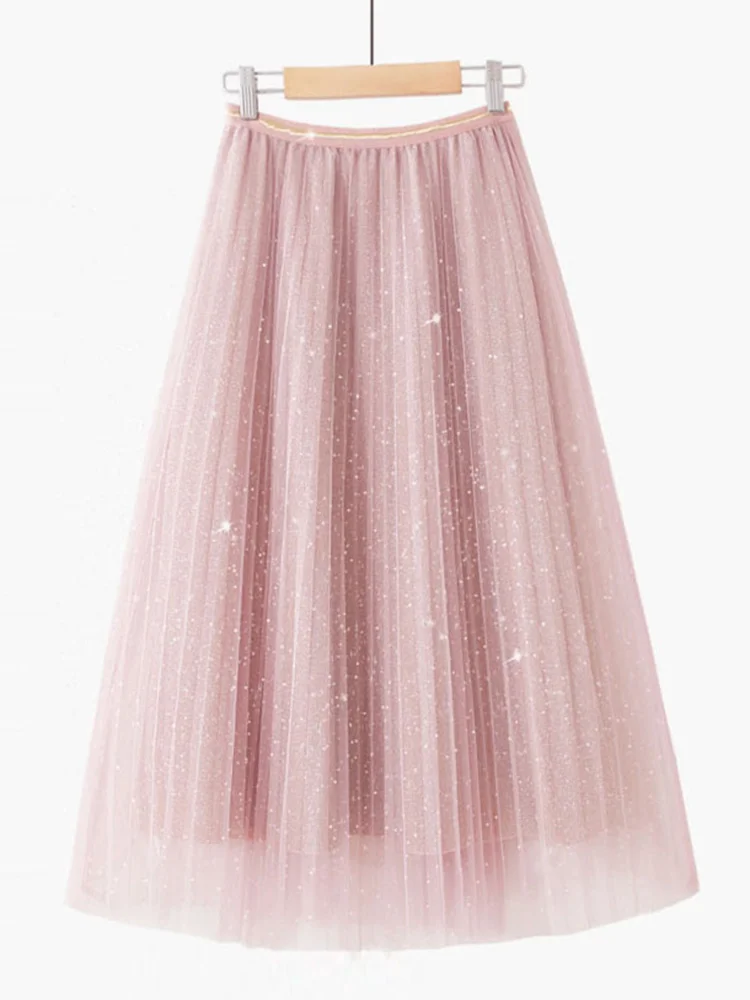 

Sweet Solid Color Gauze Skirt For Women 2022 New Spring Summer Elastic High Waist Shiny Mesh Medium Length Skirt B082