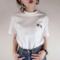 t shirt korean women cat pattern 2022 summer casual white short sleeve tee tops round neck women t shirts tops basic tees