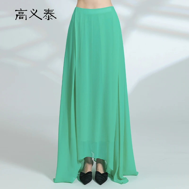 High-end 100% Silk Natural Waist Organ Pleated Skirts Womens Emerald Green Light...