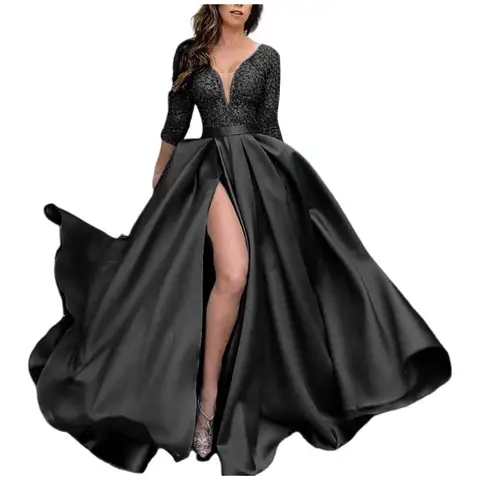 Платье с глубоким V-образным вырезом и рукавом 3/4, Кружевное облегающее платье со шлейфом и разрезом на подоле, банкетное вечернее платье, женская одежда