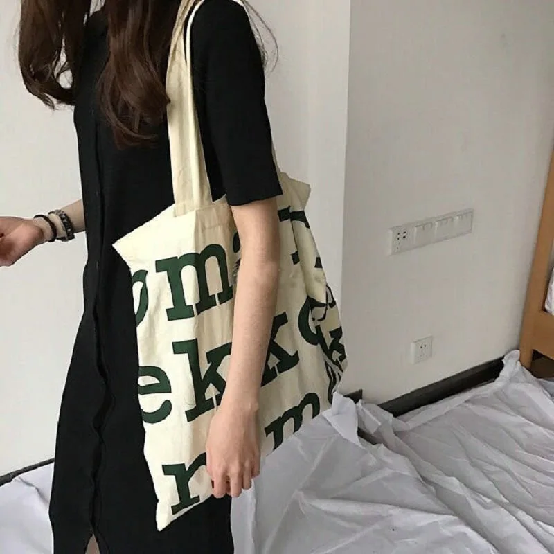 

Women Alphabet Canvas Shoulder Bags Female Casual Letter Printed Tote Handbags Large Capacity Cotton Cloth Shopping School Bag