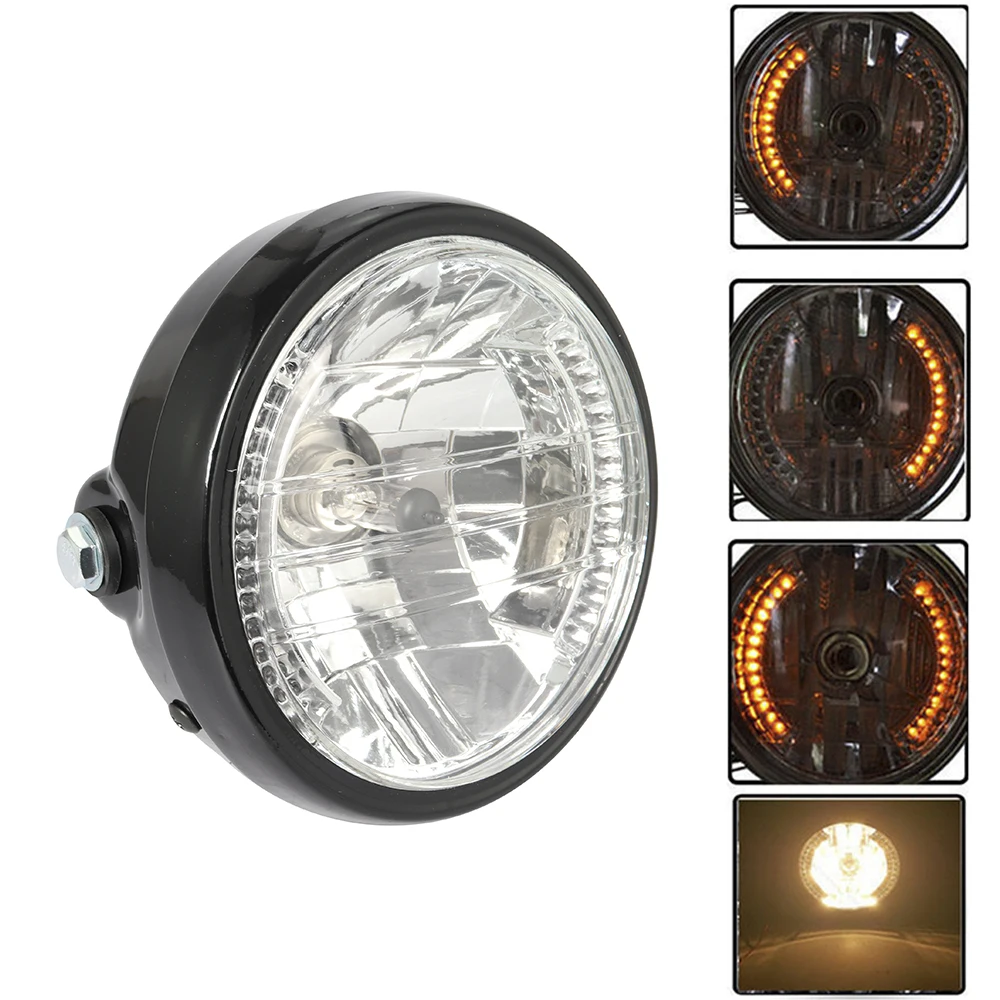 

1pc Black 7" 12V Motorcycle Headlight Turn Signal Light Front Round Head Lamp For Harley Bobber Honda Yamaha Kawasaki Cafe Racer