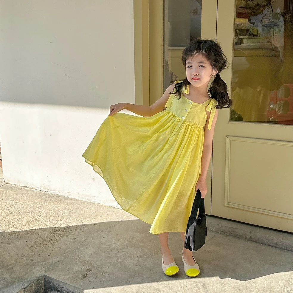 

Детское платье для девочек, весенне-летнее однотонное плиссированное платье на бретелях без рукавов для малышей, детские костюмы, одежда