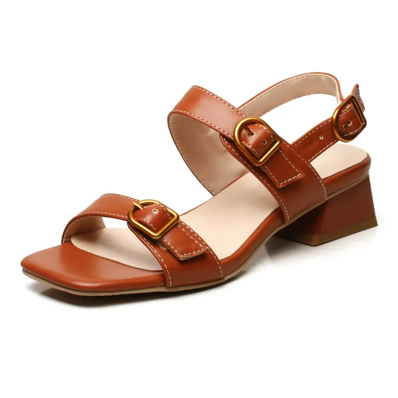 

Brown Beige Apricot Gladiator Sandals Summer Office Low Heels Shoes Woman Buckle Strap Casual Feetwear Plus Size 34-43