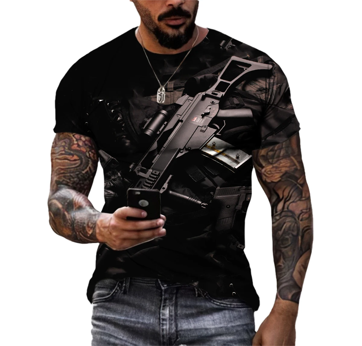

2023 Men's T-shirt 3D Gun T-shirt Fun Print Street Clothing Handgun T-shirt Fashion Casual Short Sleeve Machine Gun Top T-shirt