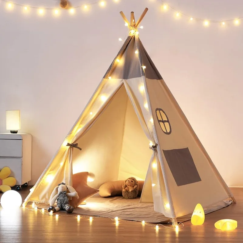 

DZQ Teepee Tent for Kids with Light & Mat,Kids Tents Indoor Play Tent Playhouse, Toddler Teepee 100% Cotton