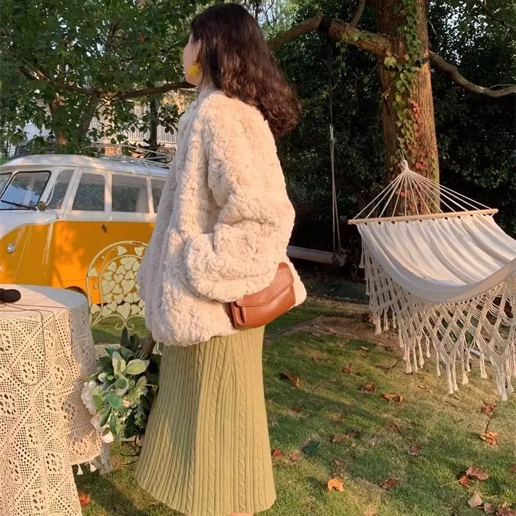 Faux Fur Coat Women's Winter Short Thickened Apricot Plush Coat Fur Sweet Cute Girl Winter Tendy Fur Clothes  Fluffy Jacket