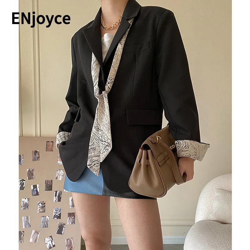 Elegant Solid Lapel Suit Blazer with Silk Scarf Tie Women 2022 Spring Fall Modern Wide Shoulder Work Wear Jacket Coats Female