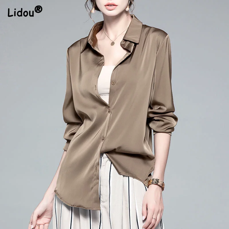 

Fashion Women Blouses 2022 Elegant Spring Autumn Thin Solid Color Clothes Dignified Simple Turn-down Collar Button Casual Shirts