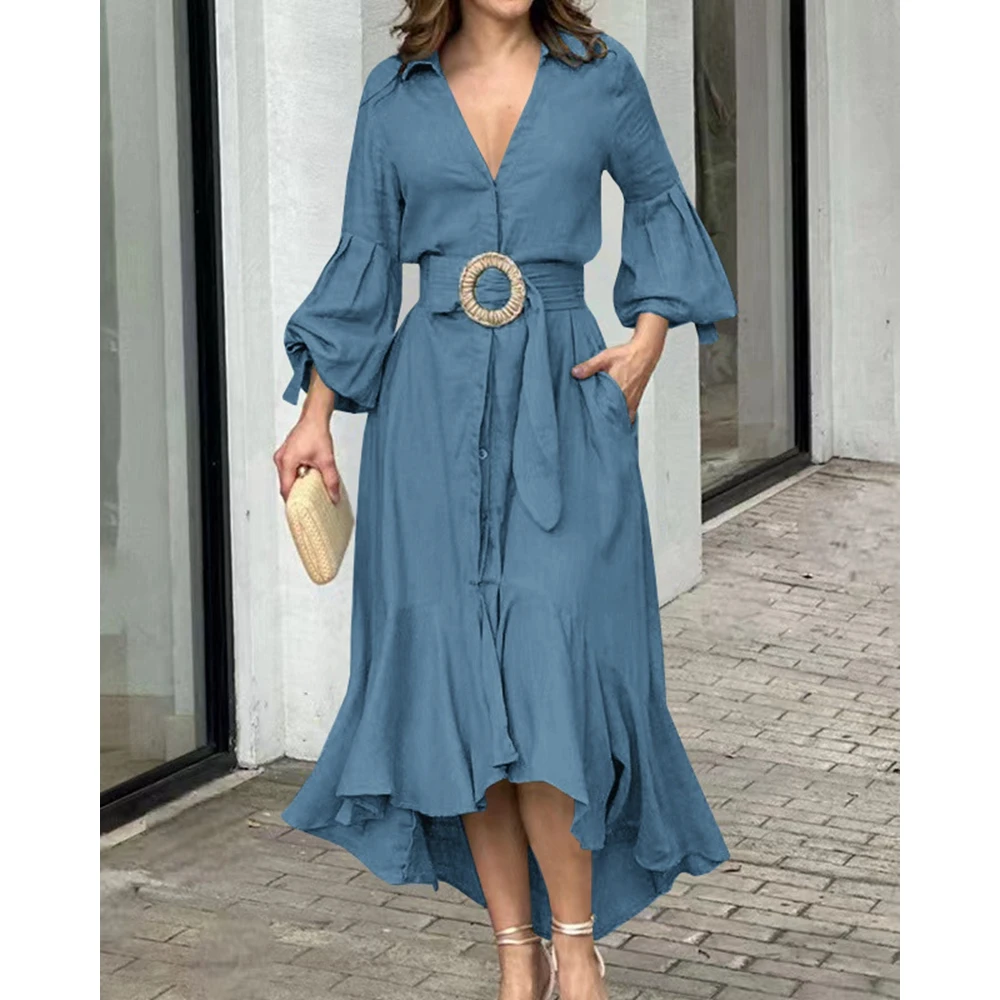

Women Lantern Sleeve Ruffle Hem Pocket Design Asymmetrical Maxi Casual Dress 2023 Sexy Summer V-Neck Outfits Long Sleeve Dress