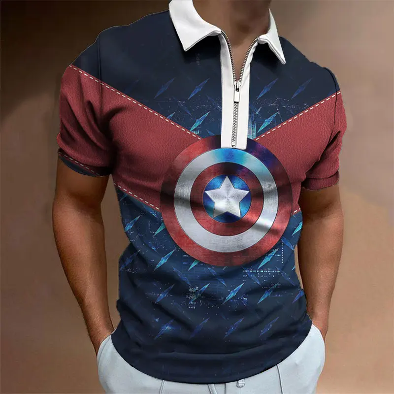 

2023 New Fashion Men Zipper Polo Marvel Hero Captain America Male Clothes Tops Summer Short Sleeve Man Polos T-shirt