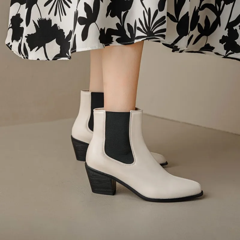 

French Vintage Chelsea Boots Women Comfortable Pu Leather Round Toe Chunky High Heels Ankle Boots Casual Footwear Booties 47 48