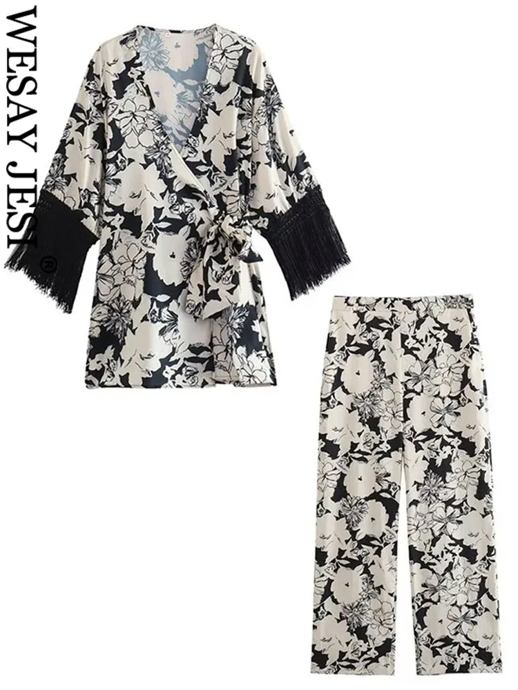 

TRAF Women Fashion Long Pants 2 Piece Suit Tassel Short Sleeve Print Casual Cardigans Tops＋Side Pockets Slim Wide-Leg Pants