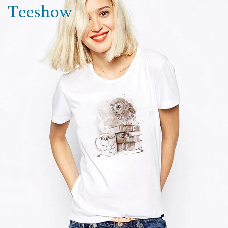 

Coffee Obsession T Shirt Women Printed Funny Owl Cartoon Short Sleeve T-shirt Summer Tops Fashion Cute white Tshirt Female