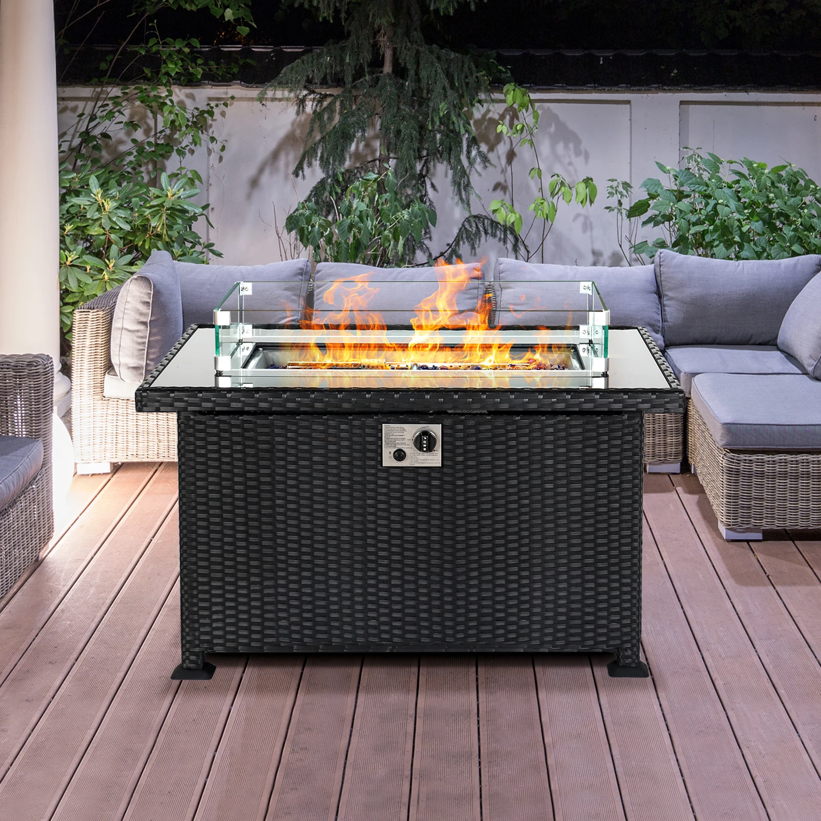

Black Propane Gas Fire Pit Table with Wind Guard for Spring Auto-Ignition Firepits 43'' Outdoor Rattan Table 50,000 BTU