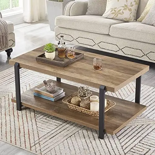 

Coffee Table with Shelf, Wood and Metal Rustic Cocktail Table for Living Room, Oak