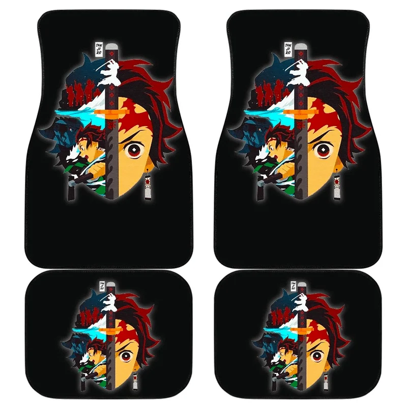 

Demon Slayer Anime Tanjiro Water Breath Power Car Floor Mat Vintage Black Carpet Anti-Slip Rubber Mat Pack of 4 Auto Accessiores