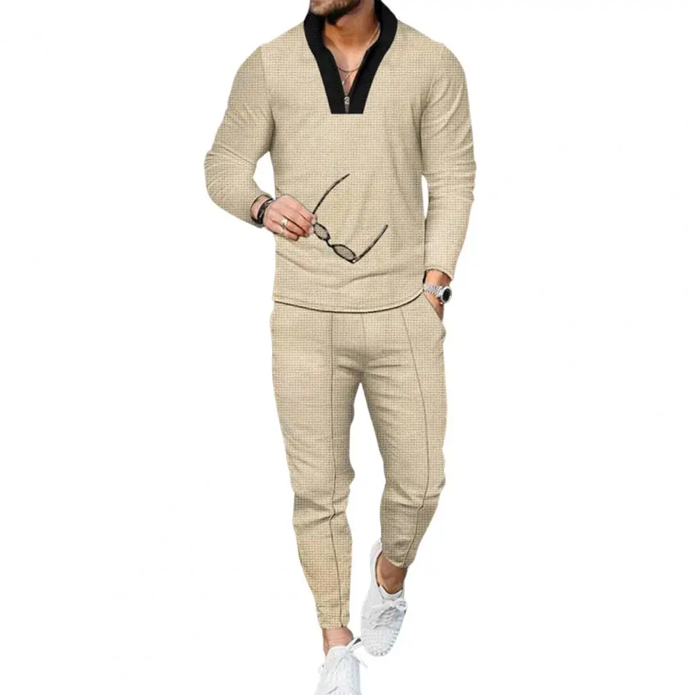 

2 Pcs/Set Trendy ong Sleeve Polo Shirt+Pants Men Tracksuit Top Drawstring Pants Set for Fitness Sportswear
