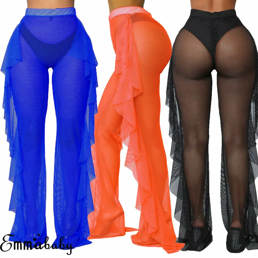 

New Sexy Ruffle Women Beach Mesh Pants Sheer Wide Leg Pants Transparent See through Sea Holiday Cover Up Bikini Trouser Pantalon