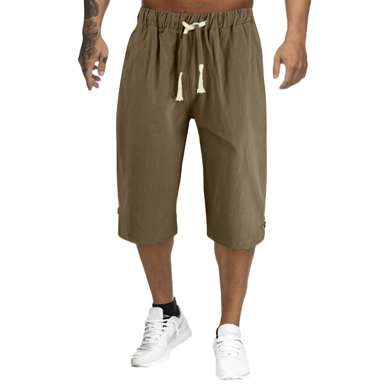 

Mens Fashion Casual Simple Solid Color Cotton And Linen Lumbar Frenum Pants Calf Length Colored Denim Jeans for Men with 6