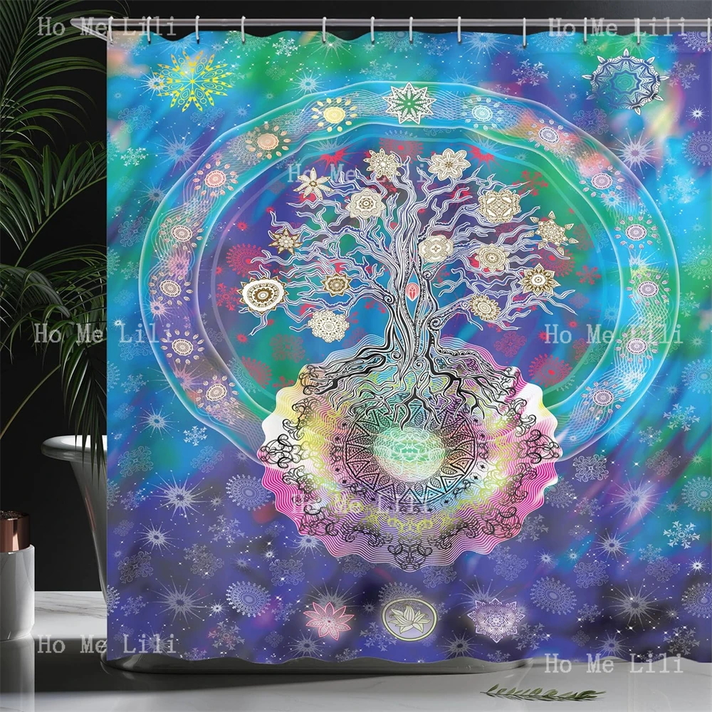 Тканевая занавеска для душа с изображением мандалы дерева жизни и цветов