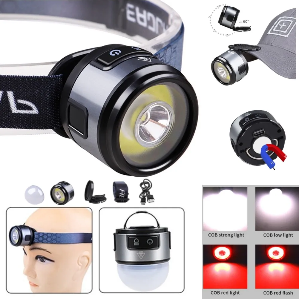 

4 IN 1 Mini Multifunction XPG+COB Headlamp Rechargeable USB C Cap Clip With Strong Magnet Headlight For Outdoor Fishing Camping