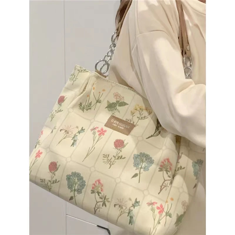 

Flower Pattern Canvas Women Shoulder Bag Large Capacity Portable Female Underarm Bags Retro Floral Plant Ladies Tote Handbags