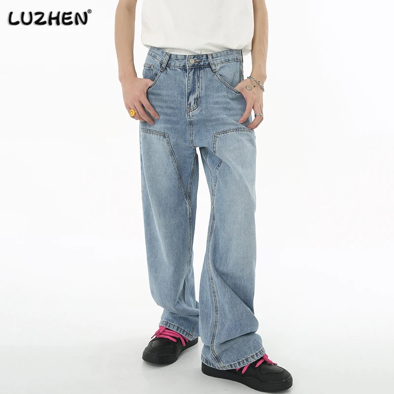 

Мужские брюки LUZHEN Tide 2023, новые мешковатые джинсы в Корейском стиле, вареные, эритросиние, прямые брюки, простые повседневные 8500c9