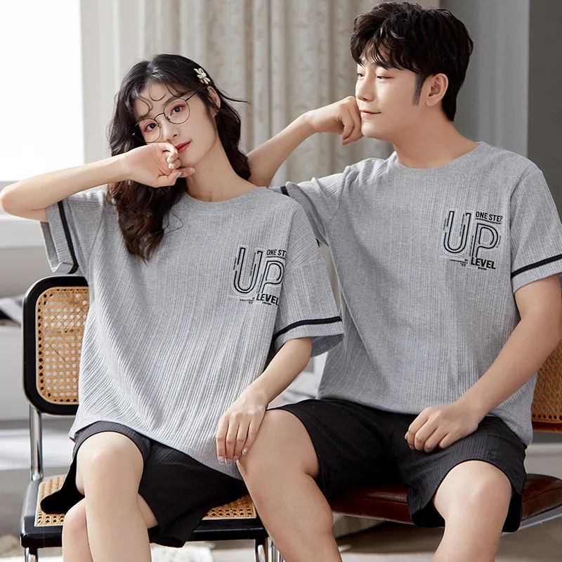 

100% Cotton Couple Pajamas Pyjama Femmel 2020 New Shorts Pajamas For Women And Men Leisure Striped Couple Matching Night Suit
