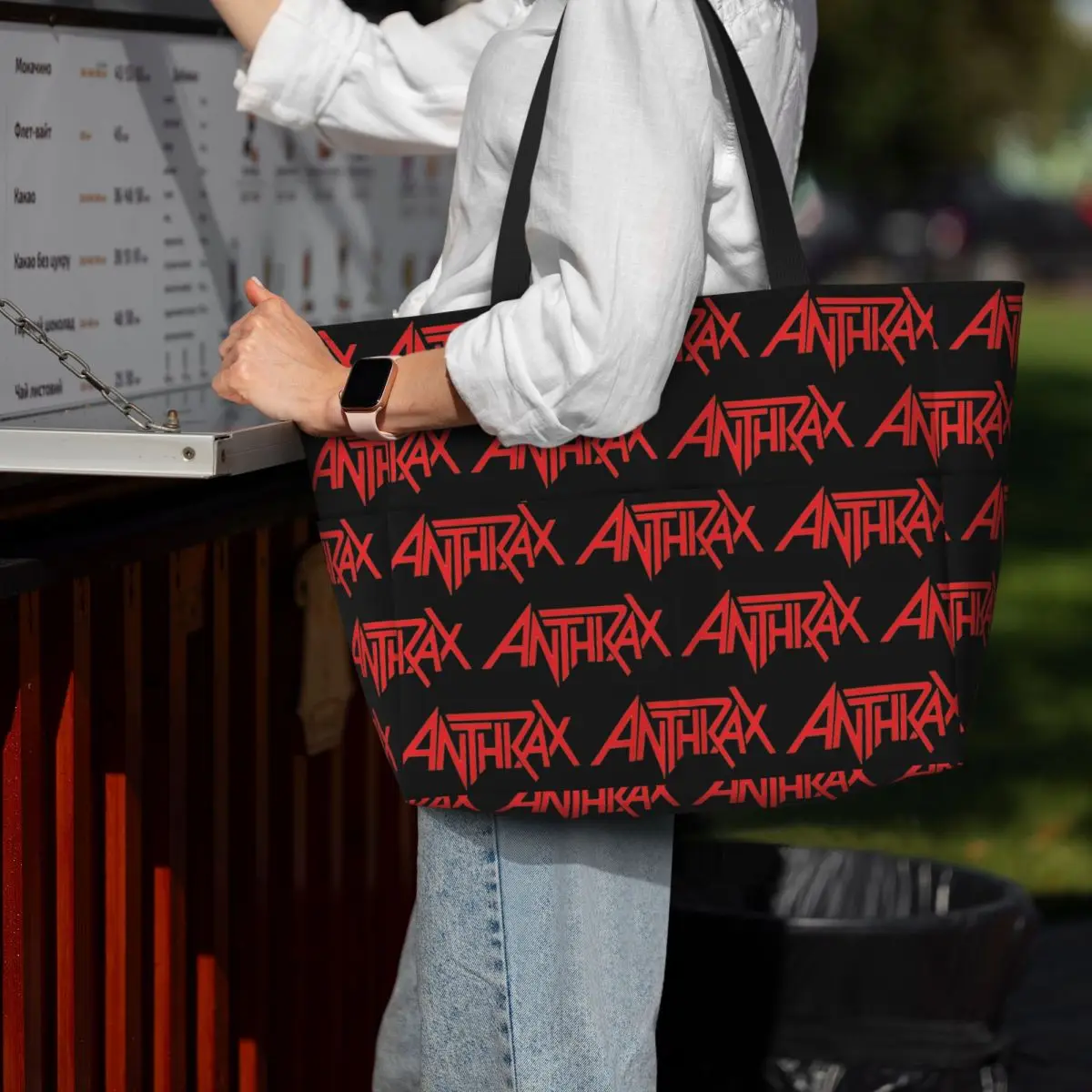 Фото Пляжная сумка-тоут с логотипом музыкальной группы Anthrax, спортивная сумка для спортзала и йоги, большая сумка-тоут, женская дорожная сумка, сумка для фитнеса №1
