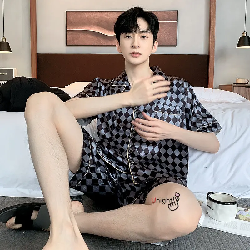 Men Pajama Sets Big Size Lounge Wear Fashion Silk Pajamas Summer Short Pj Set Homewear L-5XL Nightwear Homewear