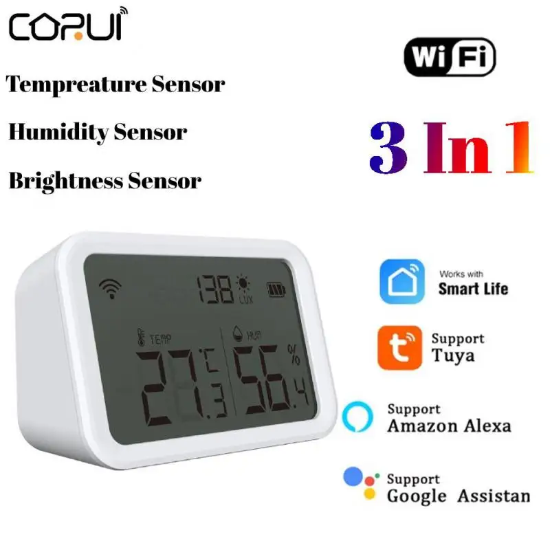 

CoRui Tuya Wifi Smart Temperature and Humidity Sensor With Display Indoor Hygrometer Thermometer Works with Alexa Google Wizard