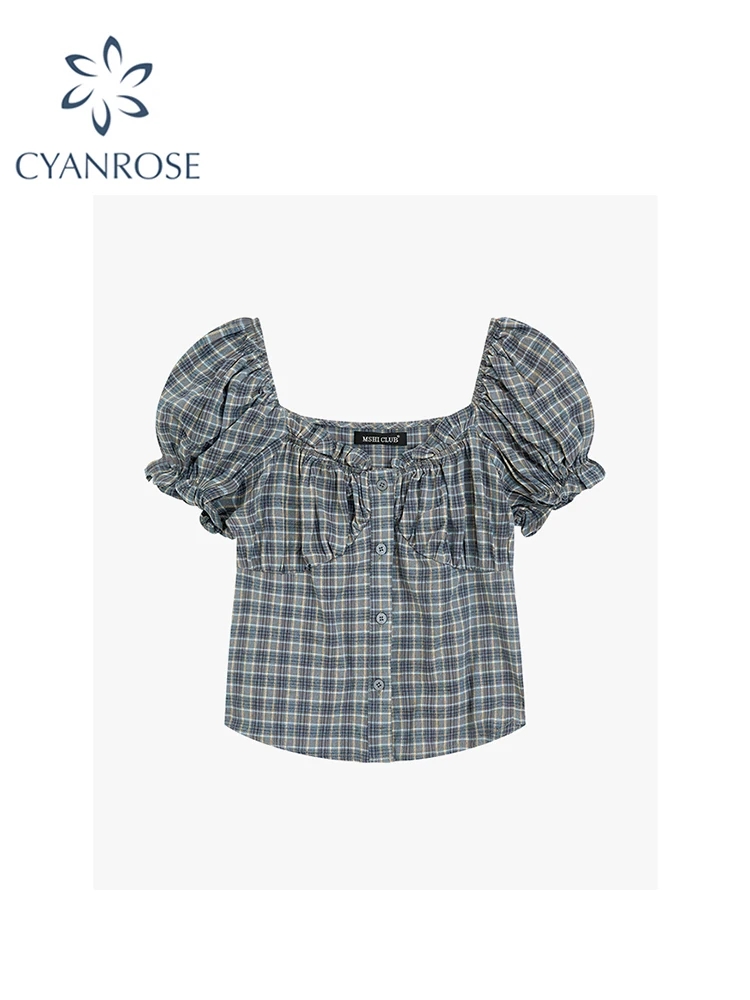 

Women Grey Plaid Blouse Shirt Short Sleeve Tops Korean Fashion Shirt Y2k Kawaii Square Collar Shirt Ladies Chic Elegant Vintage