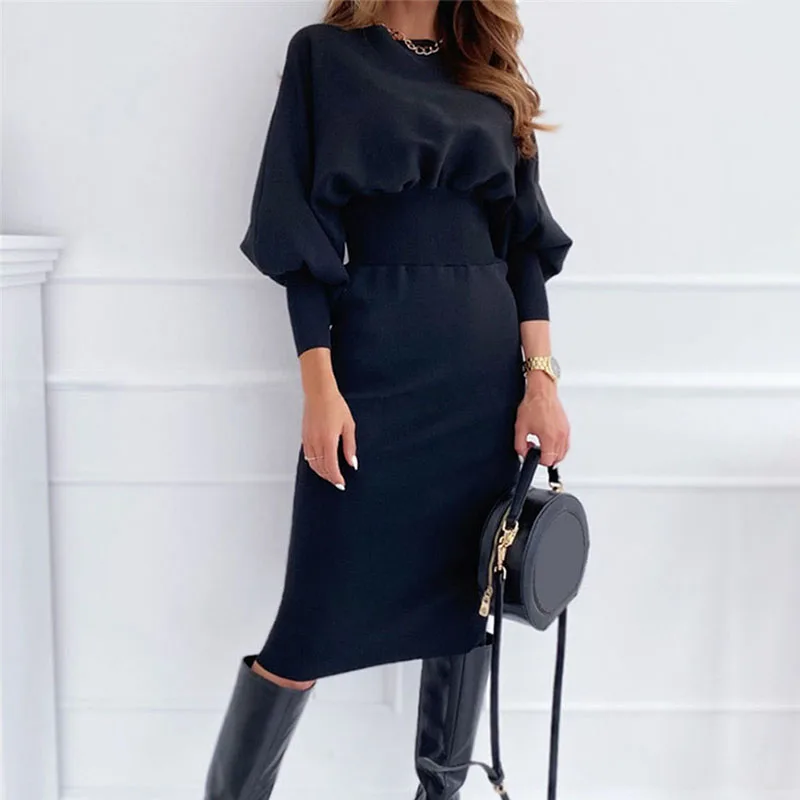 

Fashion O-neck Long Sleeve Pencil Dress Women 2020 Autumn Winter Black Pink Bodycon Elegant Office Woman Dresses Robe Femme