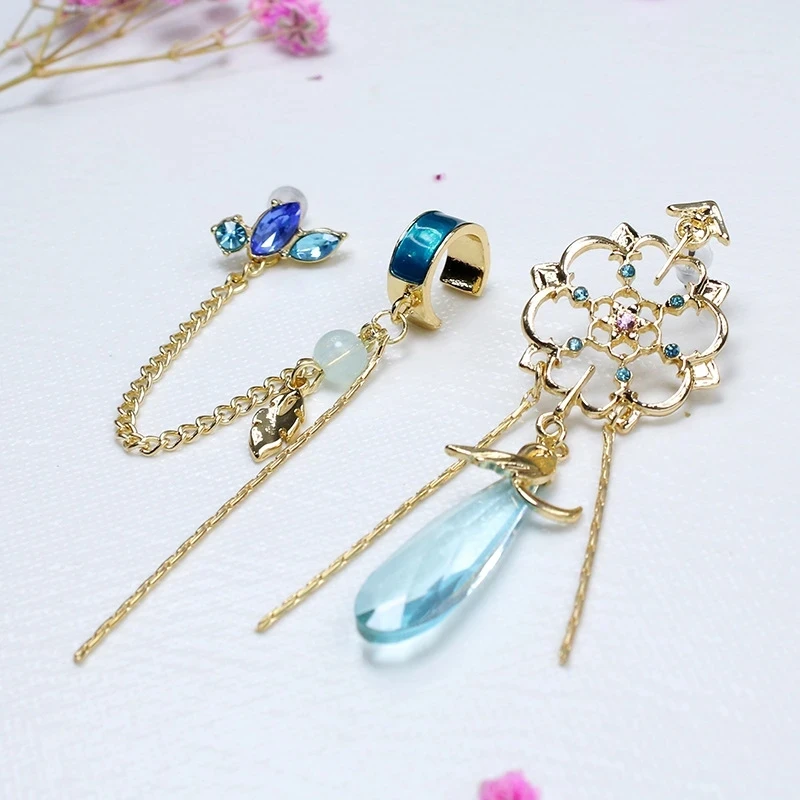 Genshin Impact Scaramouche Earrings Wanderer Kunikuzushi Cosplay Women Chain Pendant Ear Clips Studs Balladeer Jewelry Gift