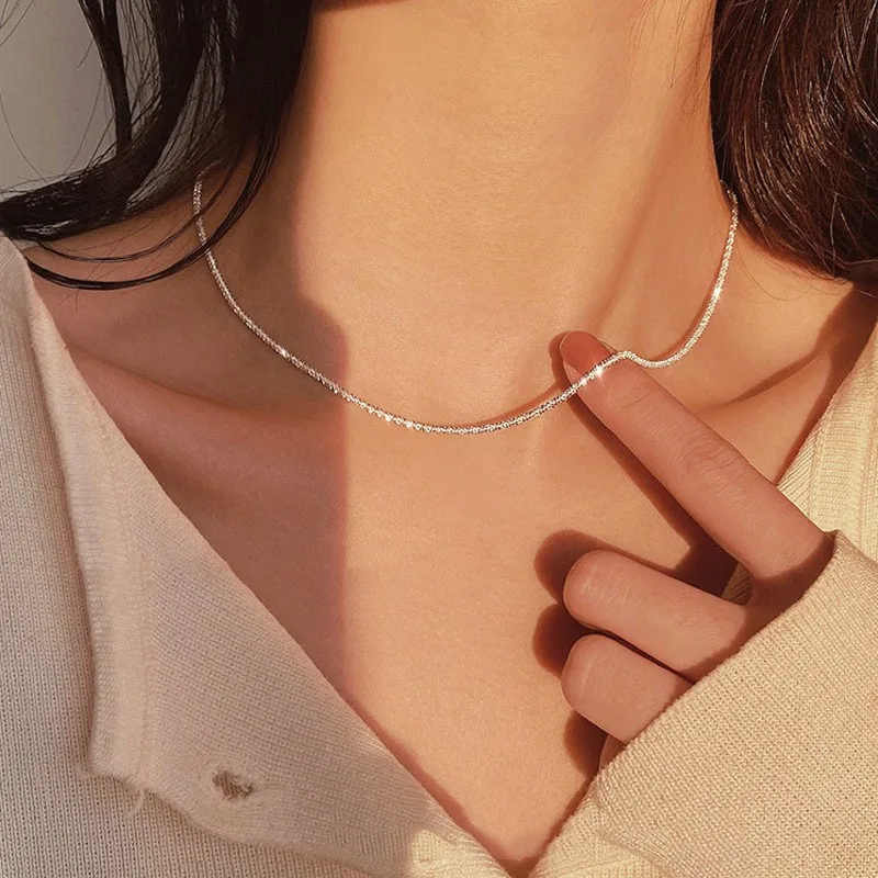 

Kpop Silver Colour Sparkling Clavicle Chain Choker Necklace Collar For Women Fine Jewelry Wedding Party Birthday Gift