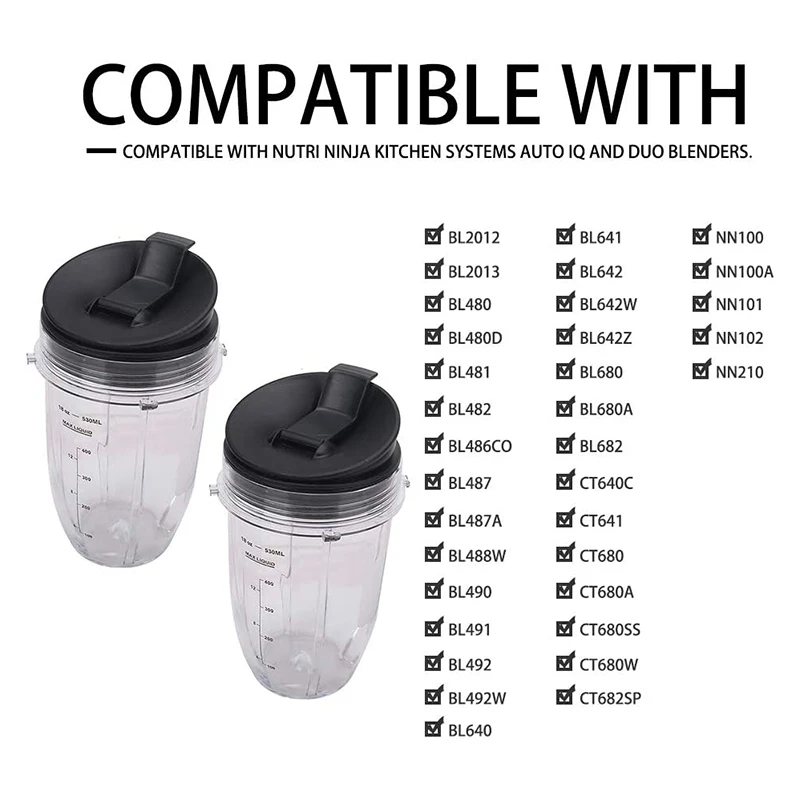 2 Pcs 18Oz Replacement Ninja Blender Cups with Lid for Auto IQ BL480 BL642 BL450 BL682 BL490 BL640 BL680