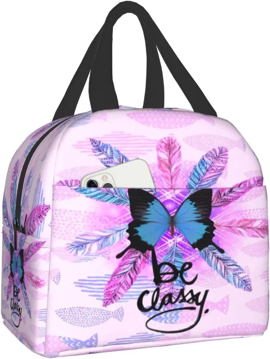 

Cute Purple Butterfly Be Classy Lunch Bag Waterproof Insulated Reusable Meal Bag Lunch Box Food Drinks Container Work School