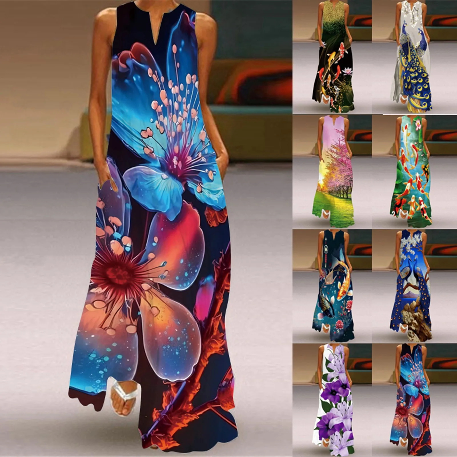 Women Summer Maxi Dress 2023 Casual Loose Sleeveless Long Dress Elegant V Neck Pocket Vintage Print Boho Beach Dresses Vestidos